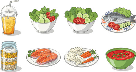 Healthy food variety, fresh vegetables, cooked fish, raw salmon, tomato soup, salad bowl, overnight oats, nutritious meal, clean eating, wellness
