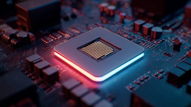 Stunning close-up of a futuristic computer processor glowing with vibrant blue and red light on a complex circuit board.