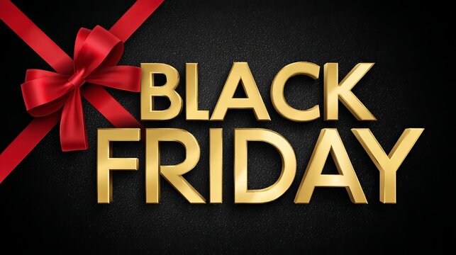 Stunning golden "Black Friday" text with a luxurious red ribbon and bow on a textured dark background, perfect for holiday sales promotions.