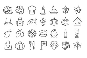 Thanksgiving line icon set, autumn collection, vector graphics, logo illustrations, Turkeys, Pumpkins, Festive Food. Thanksgiving day vector icons, holiday signs, outline pictograms, editable stroke