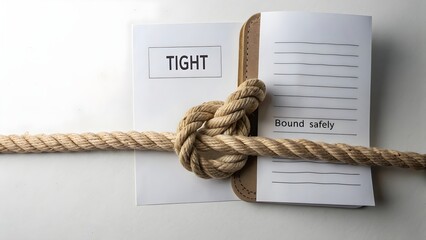 A tight rope knot securely binding papers with the word Tight