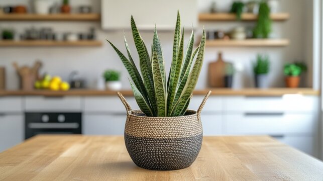 Potted plant woven basket wooden table modern kitchen A snake