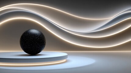 Elegant presentation of a speckled black sphere on a modern minimalist platform with soft lighting
