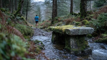 Solitary male runner on forest trail by mossy stream