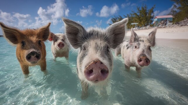 Adorable swimming pigs on a tropical beach