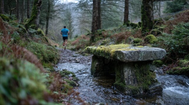Solitary male runner on forest trail by mossy stream - Powered by Adobe