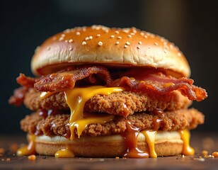 Burger includes fried chicken bacon cheddar cheese and sauce. It has sesame bun. Fastfood cafe restaurant concept. Perfect junk unhealthy food full of fat and calories. Side view close-up shot.