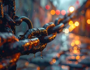 Close-up of a Heavy Chain with Water Droplets and Bokeh Background.