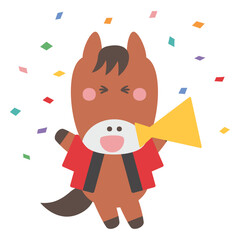 紙吹雪の中メガホンを持つ法被姿のかわいい馬のキャラクターイラスト素材