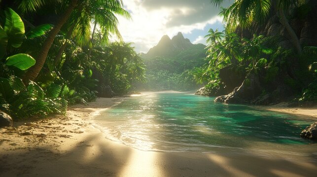 Tropical paradise beach scene. Sunlight streams through lush vegetation onto a tranquil turquoise river