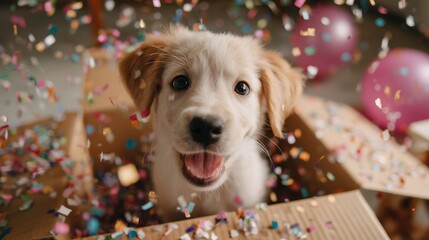 Excited puppy surrounded by colorful confetti in a cardboard box