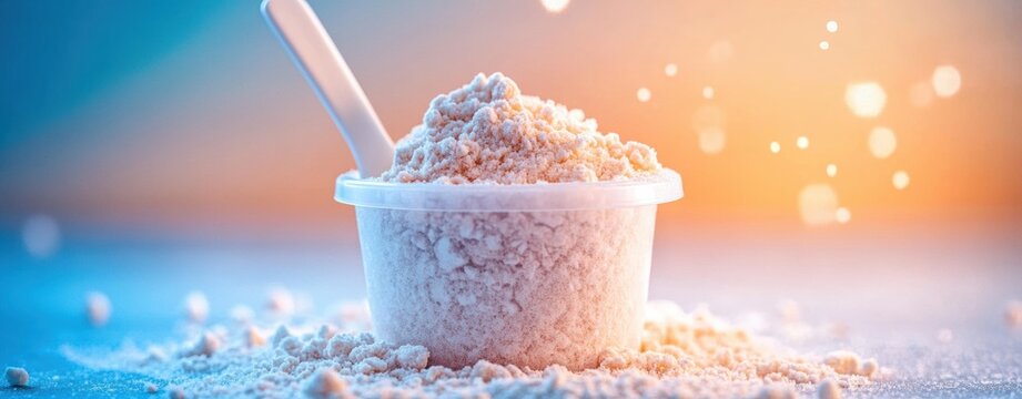 Small plastic container white spoon it is filled Whey protein powder, sports