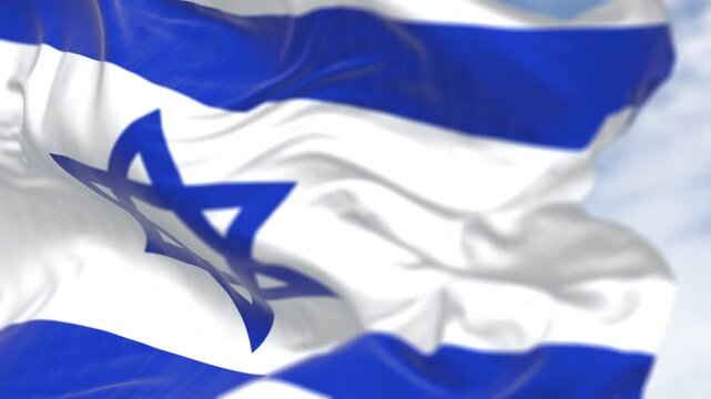 Israeli flag with Star of David waving in wind on blue sky, 3D render