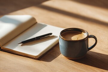 Overhead shot of a ceramic coffee cup beside an open notebook and pen on a wooden table