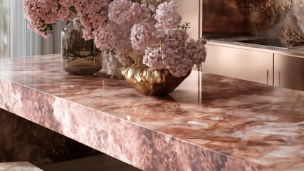 Elegant kitchen countertop with floral arrangement and metallic surfaces