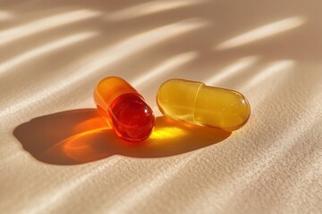 Two orange capsules lying beige surface wavy pattern Curcumin in liquid form