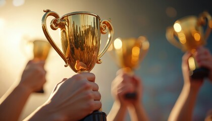 Hands hold golden trophies at event. People celebrate victory, success. Winning team lifts rewards, receives recognition. Competition winners showcase achievements with pride. Championship award