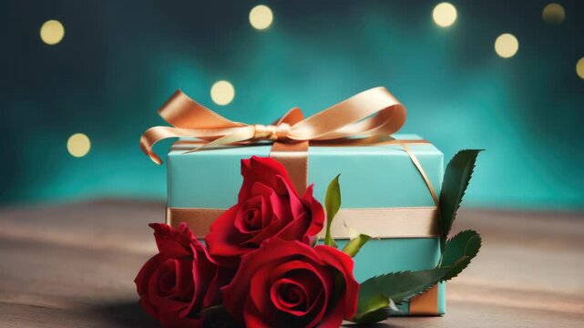 A blue box with a gold ribbon and three red roses on top of it. The box is placed on a wooden surface