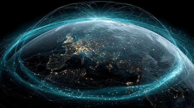 3D digital earth focusing on Europe, glowing blue network shield and satellite communication orbit, global internet coverage and cyber security defense concept background.