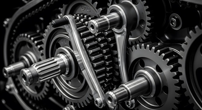 Closeup of intricate gears and cogs in a complex mechanical system