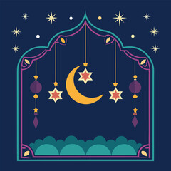 Celestial Blessings: Lanterns and Crescent Under Mosque Arch