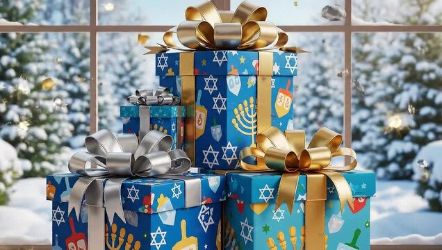 Hanukkah Gifts by a Snowy Window.