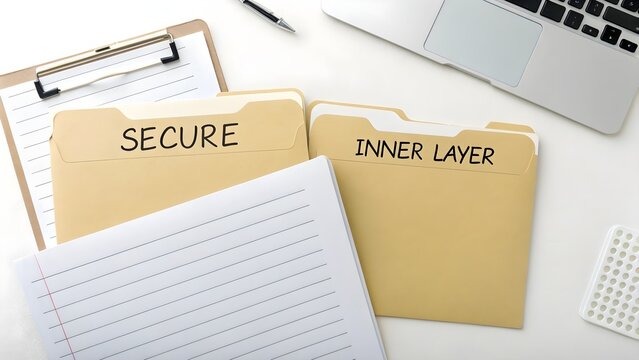 Flat lay of secure folders and paperwork on a desk