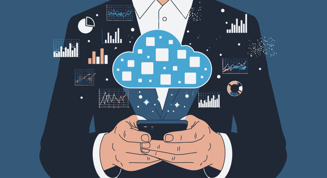 Businessman holding smartphone with cloud computing icon