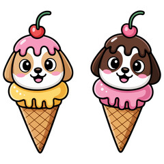 Cute Dog Ice Cream Cone Cartoon Illustration – Adorable Animal Dessert Vector Design with Cherry Topping, Sweet Food Character, and Funny Kawaii Style