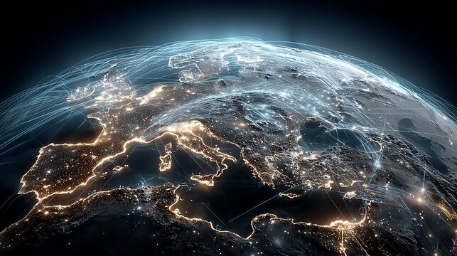 Global Interconnectedness: Future Earth Europe Night View with City Lights and Technological Network Coverage Digital Communication Concept