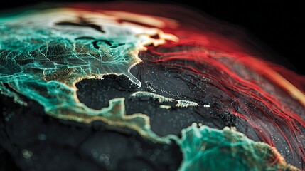 North America and Caribbean Sci-Fi Abstract Earth: Future Data Network or Climate Conflict Concept with Cyan and Red Energy Flow Lines