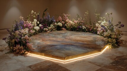 Floral arrangement creating a serene and illuminated space for elegant presentations