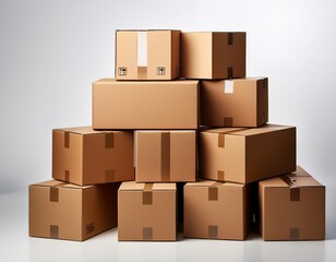 stacked cardboard boxes on a white background for logistics and moving purposes in realistic photography