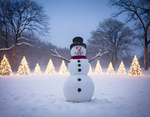 Obraz premium A cheerful snowman standing in the middle of a snowy field, with twinkling Christmas lights wrapped around nearby trees, creating a warm and festive atmosphere against the snow