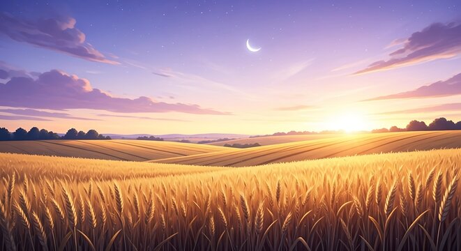 Fall Background Golden Wheat Field at Sunset with a Crescent Moon