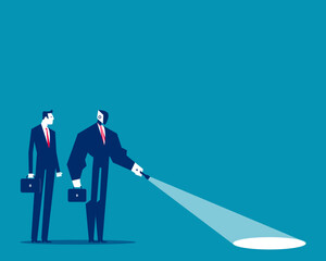 Robot. Artificial intelligence with flashlight leading and human