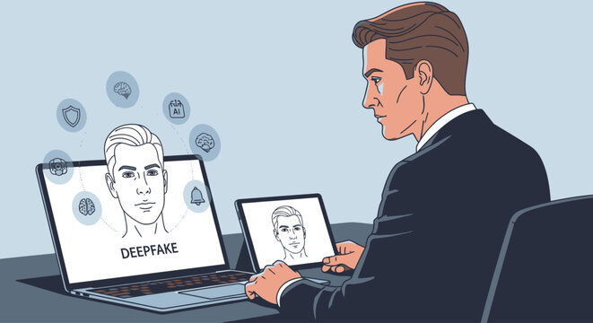 Man creating deepfake video on laptop