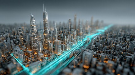 Futuristic smart city and information highway concept. Miniature 3D model with a glowing teal data stream flowing through a metallic metropolis. Technology and network background.