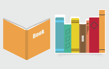 Vector Illustration of Colorful Books on Shelf and Open Book.