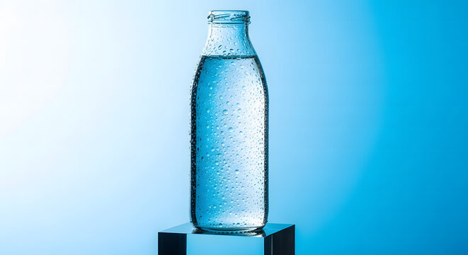 Clear glass bottle filled with sparkling water and bubbles - Powered by Adobe