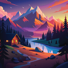 Mountain Cabin at Sunset Illustration