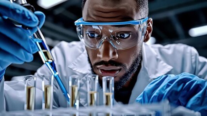 Focused scientist laboratory research precision experiment with test tube and pipette, blue liquid handling, protective goggles and gloves - Powered by Adobe