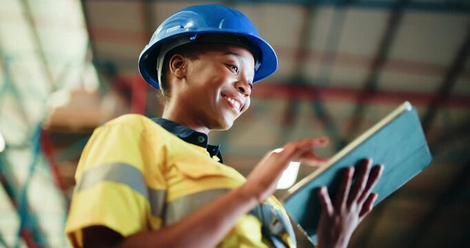 Below, distribution or black woman in warehouse, tablet or shipping with logistics, smile or internet. Person, network or online order in factory, tech or manufacturing with app for inspection report - Powered by Adobe