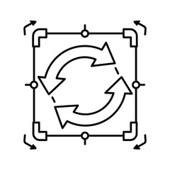 Circular arrows inside a square frame with corner markers and rotation indicators