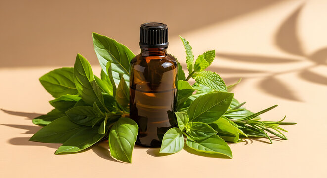 Amber glass bottle of essential oil surrounded by fresh green herbs - Powered by Adobe