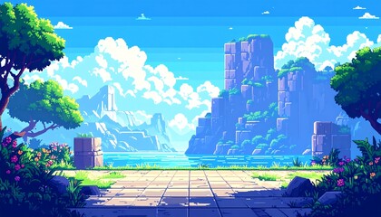 Serene pixel art landscape with calm water and rocky formations under a bright sky.