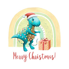 Baby Tyrannosaur dinosaur against rainbow has garland and present Funny Christmas holidays character