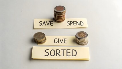 Coins stacked on tags representing saving spending and giving