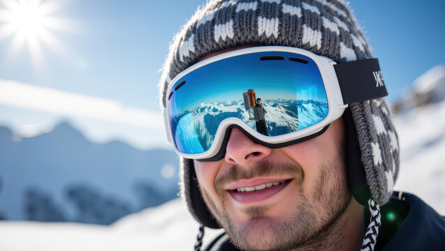 Smiling man wearing ski goggles and knitted hat, surrounded by snowy mountain landscape, reflects beauty of nature