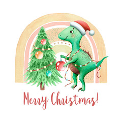 Baby Raptor dinosaur has garland Dino hangs ball on Christmas tree Funny kids Xmas character